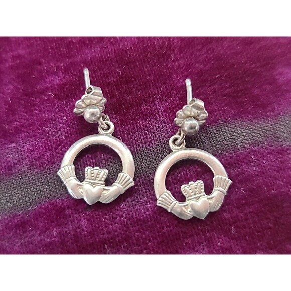 925 Claddagh Dangling Earrings Vintage - Picture 1 of 10